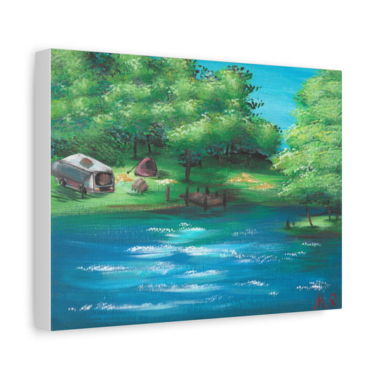 Summer Blue Canvas Wall Art - Serene RV & Campfire Landscape