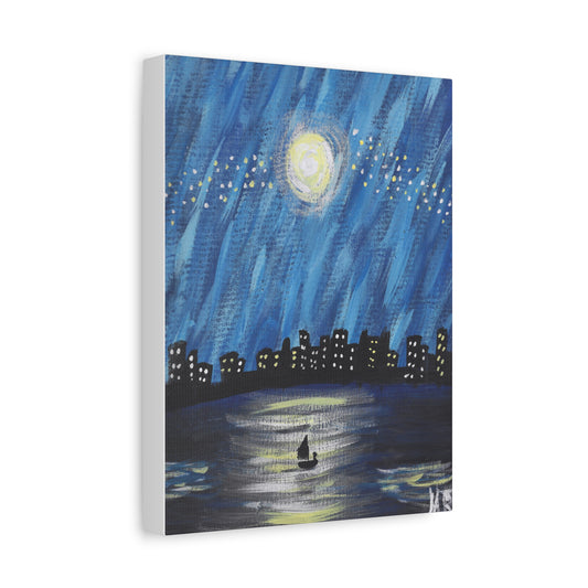 Rainy Moonlit Lake Canvas Art — Nightscape with Sailboat Matte Stretched Canvas