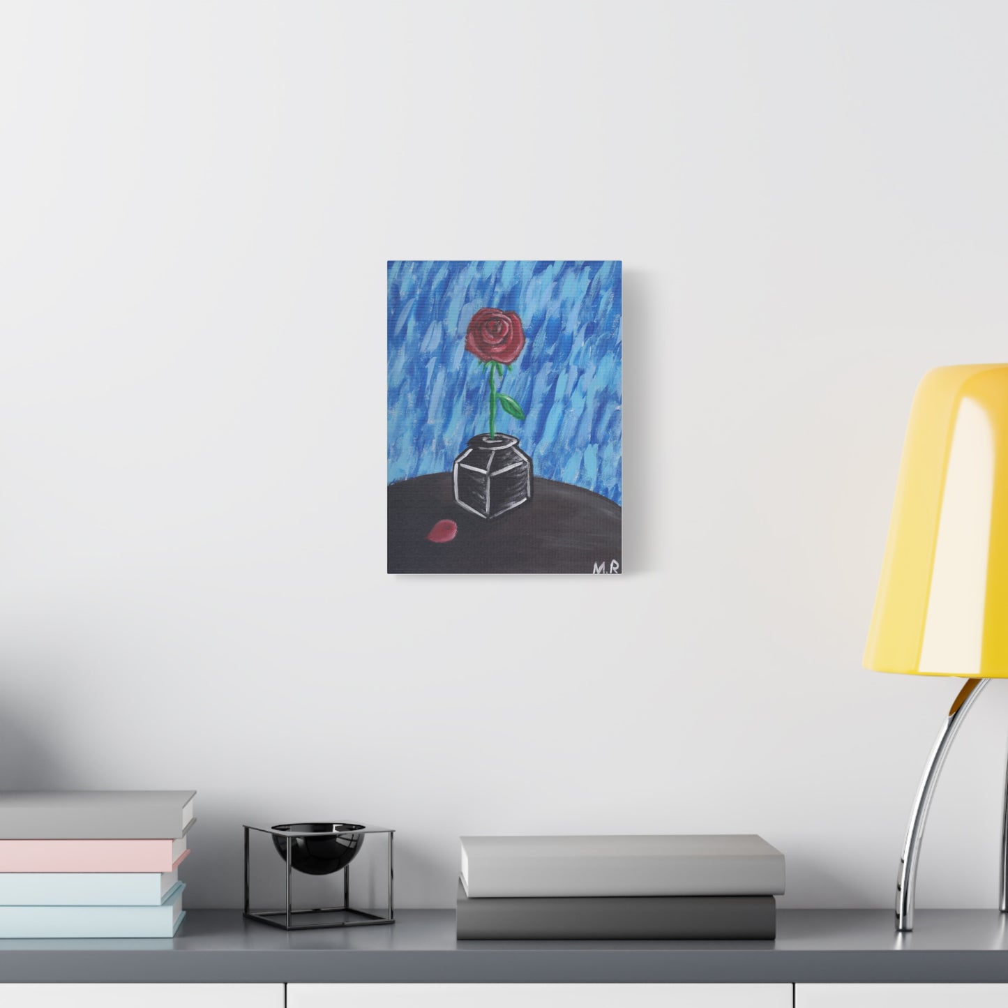 Rainy Rose Canvas Wall Art — Single Red Rose Painting