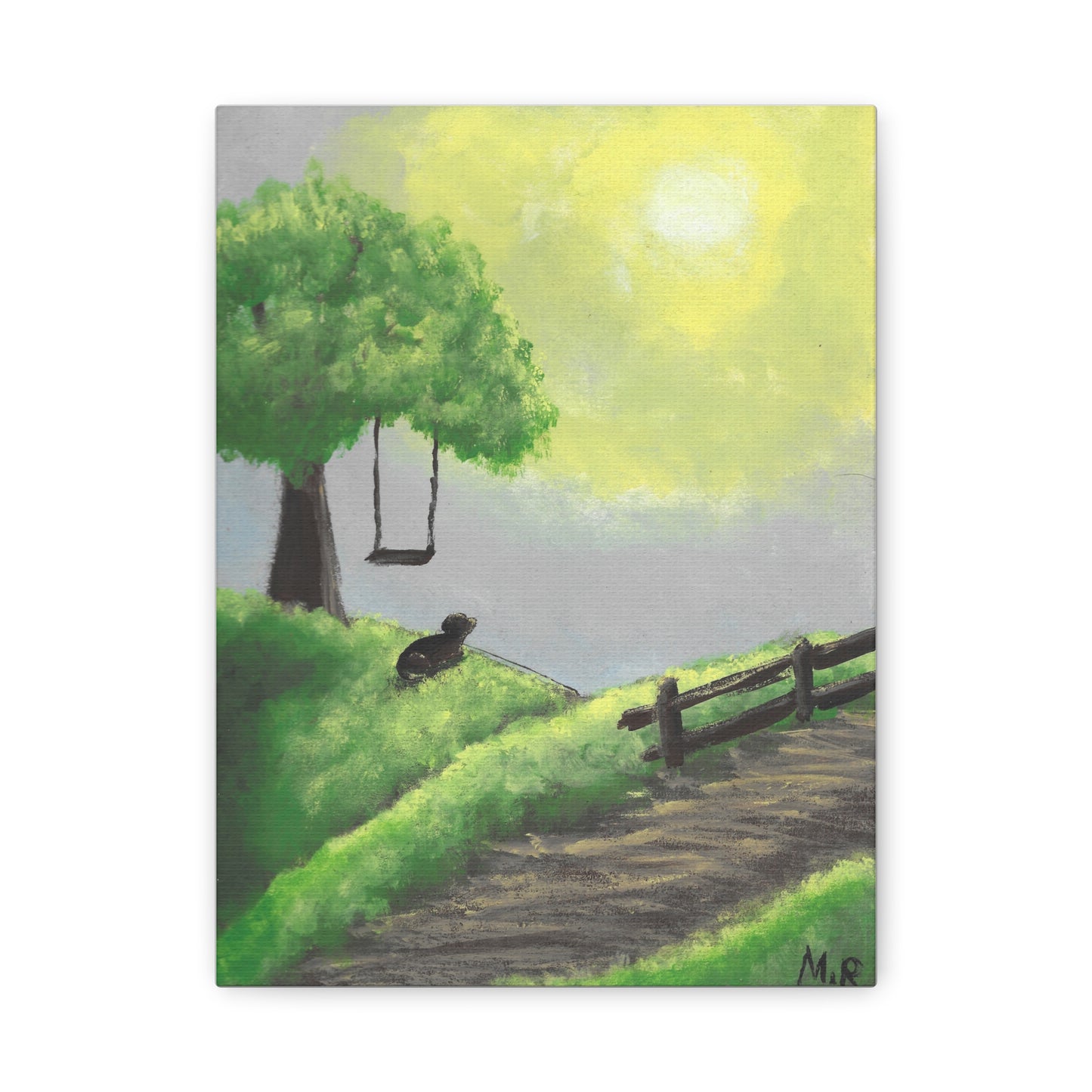 Nostalgic Dog Canvas Wall Art — Peaceful Tree Swing Landscape