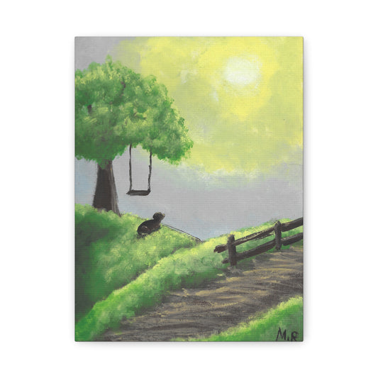 Nostalgic Dog Canvas Wall Art — Peaceful Tree Swing Landscape
