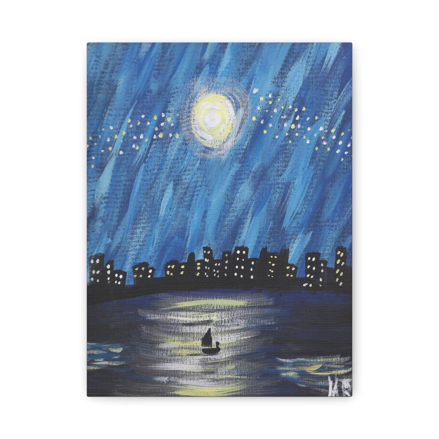 Rainy Moonlit Lake Canvas Art — Nightscape with Sailboat Matte Stretched Canvas