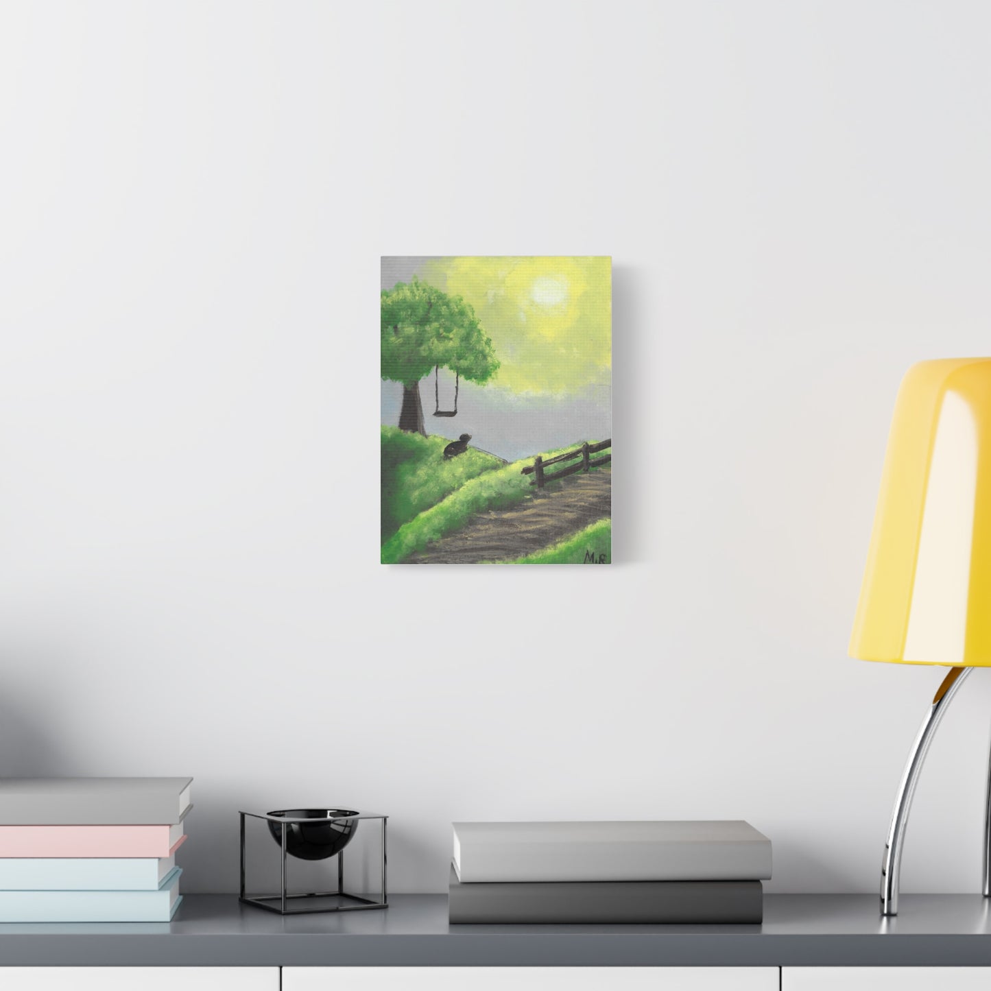 Nostalgic Dog Canvas Wall Art — Peaceful Tree Swing Landscape