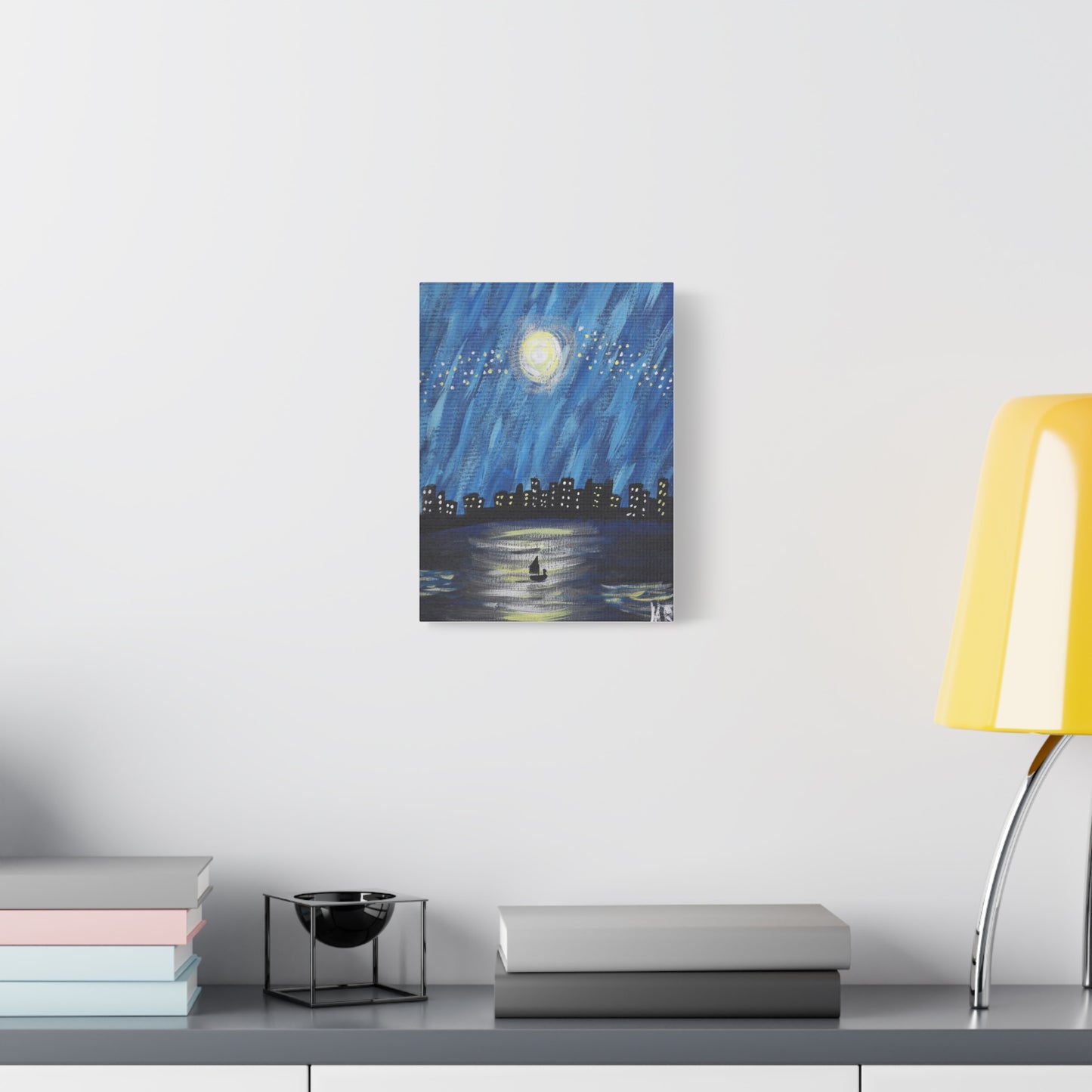 Rainy Moonlit Lake Canvas Art — Nightscape with Sailboat Matte Stretched Canvas