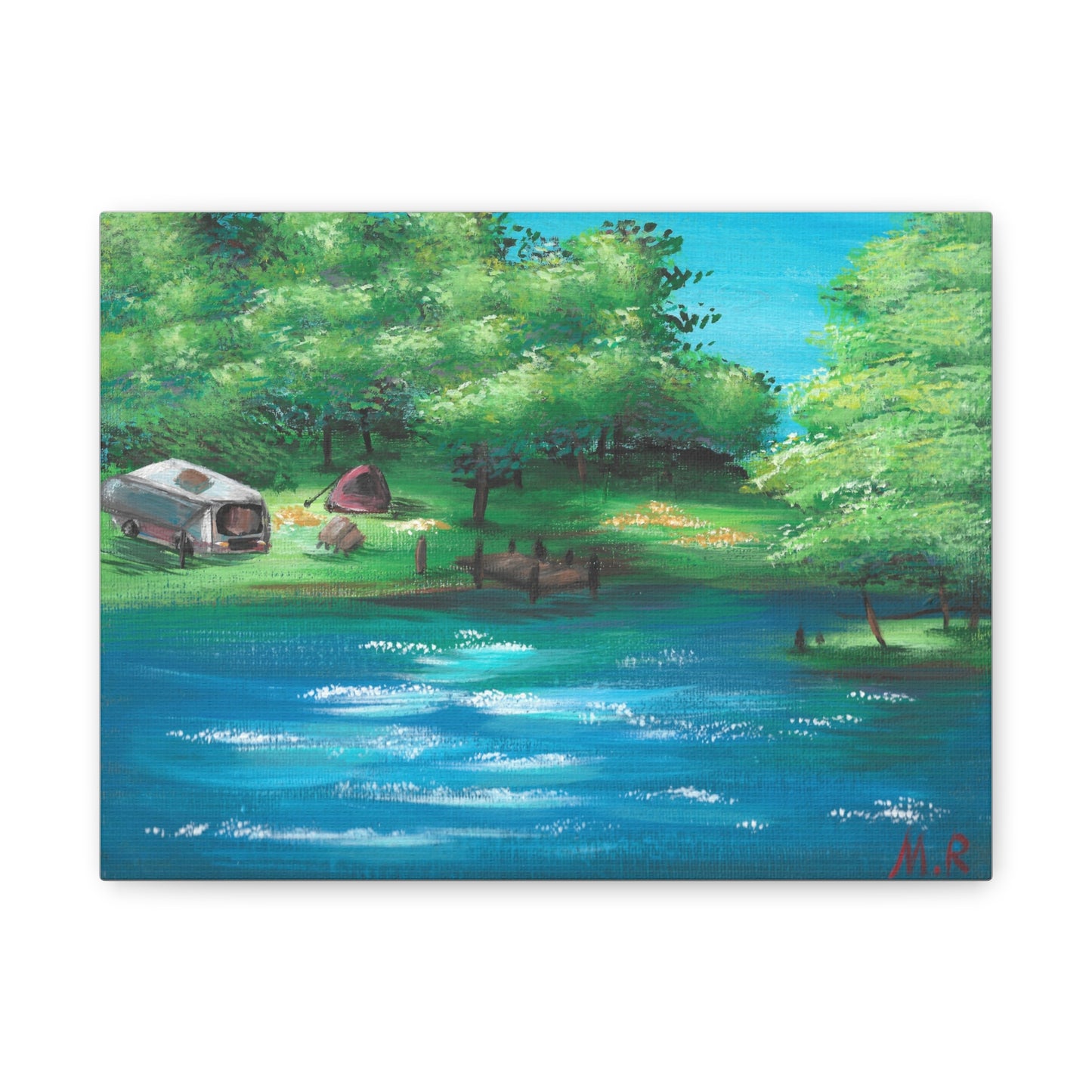 Summer Blue Canvas Wall Art - Serene RV & Campfire Landscape