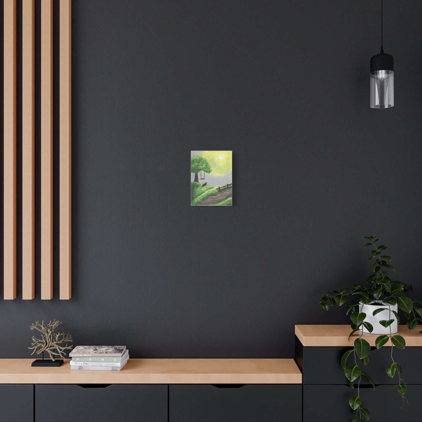 Nostalgic Dog Canvas Wall Art — Peaceful Tree Swing Landscape