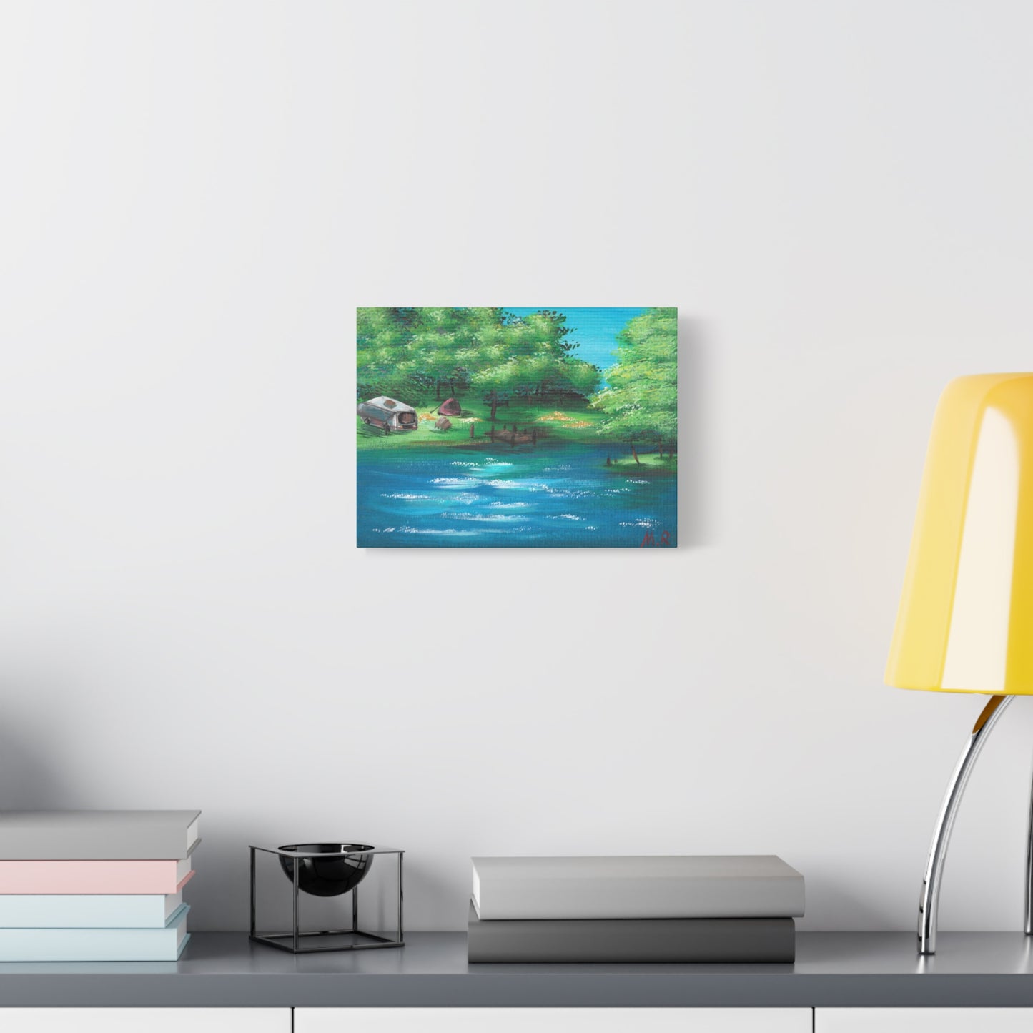 Summer Blue Canvas Wall Art - Serene RV & Campfire Landscape