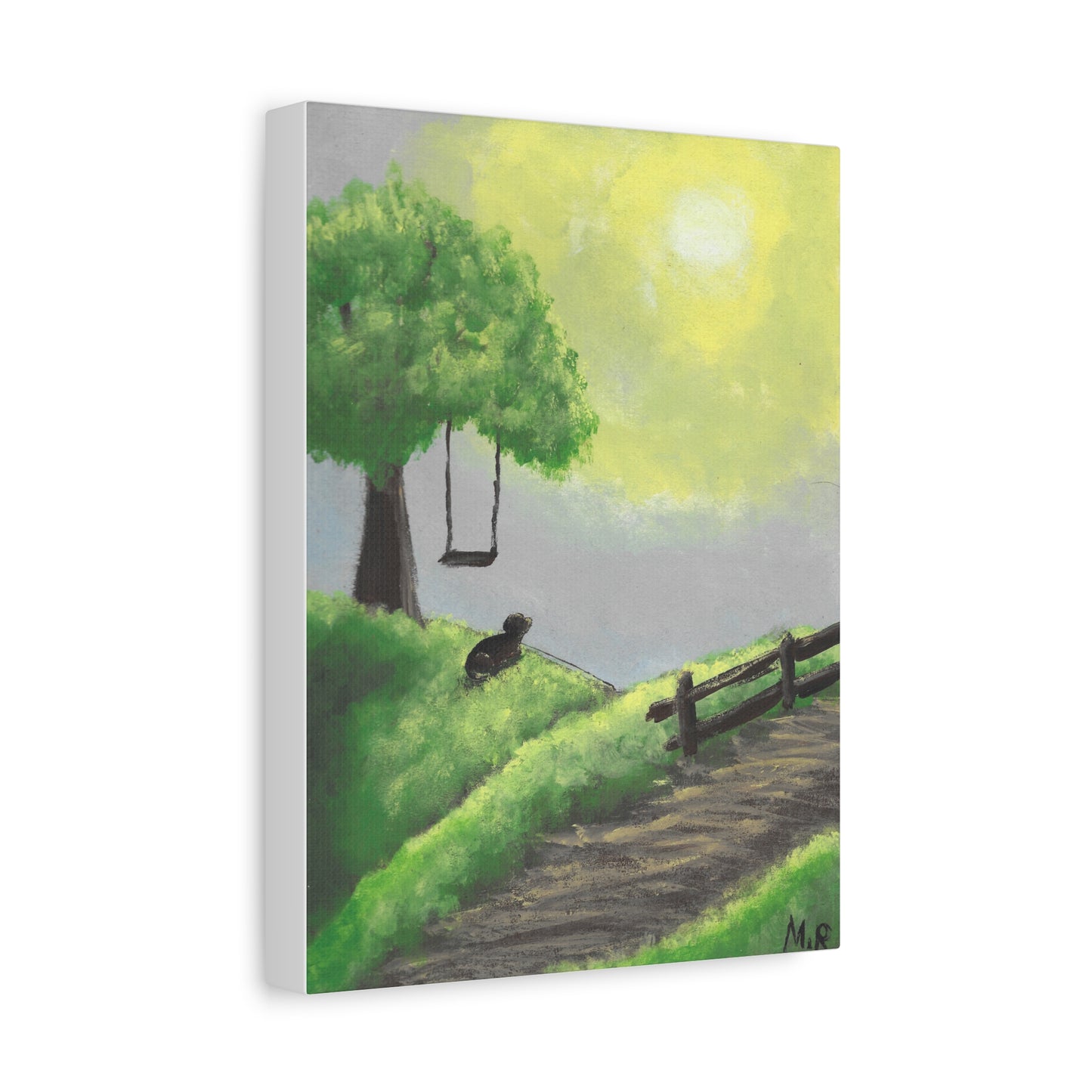 Nostalgic Dog Canvas Wall Art — Peaceful Tree Swing Landscape